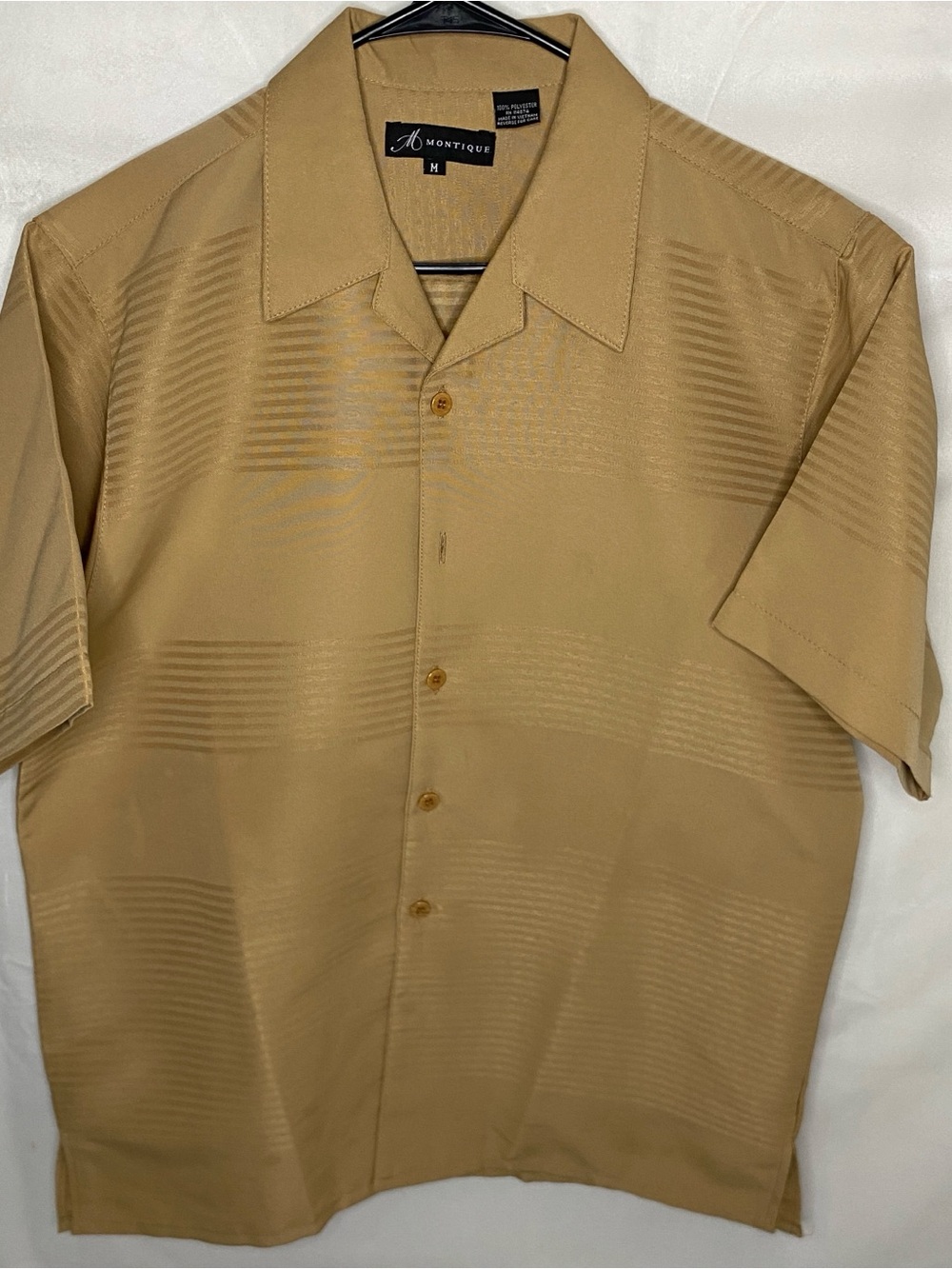 Montique Shirt Mens M Gold Tan Tone Casual Button Up Horizontal Texture Flawed